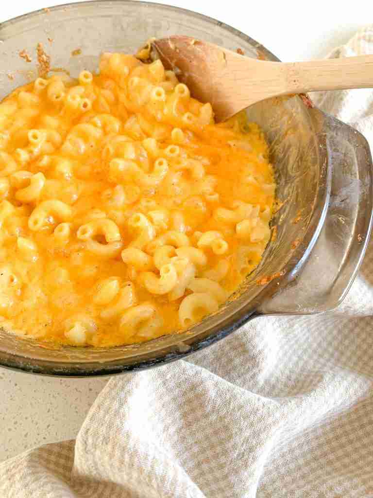 casserole dish of baked mac and cheese on the counter