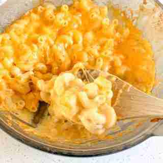 casserole dish of baked mac and cheese on the counter