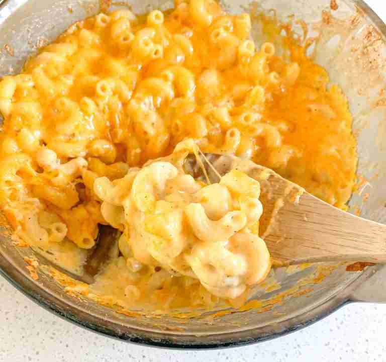 casserole dish of baked mac and cheese on the counter