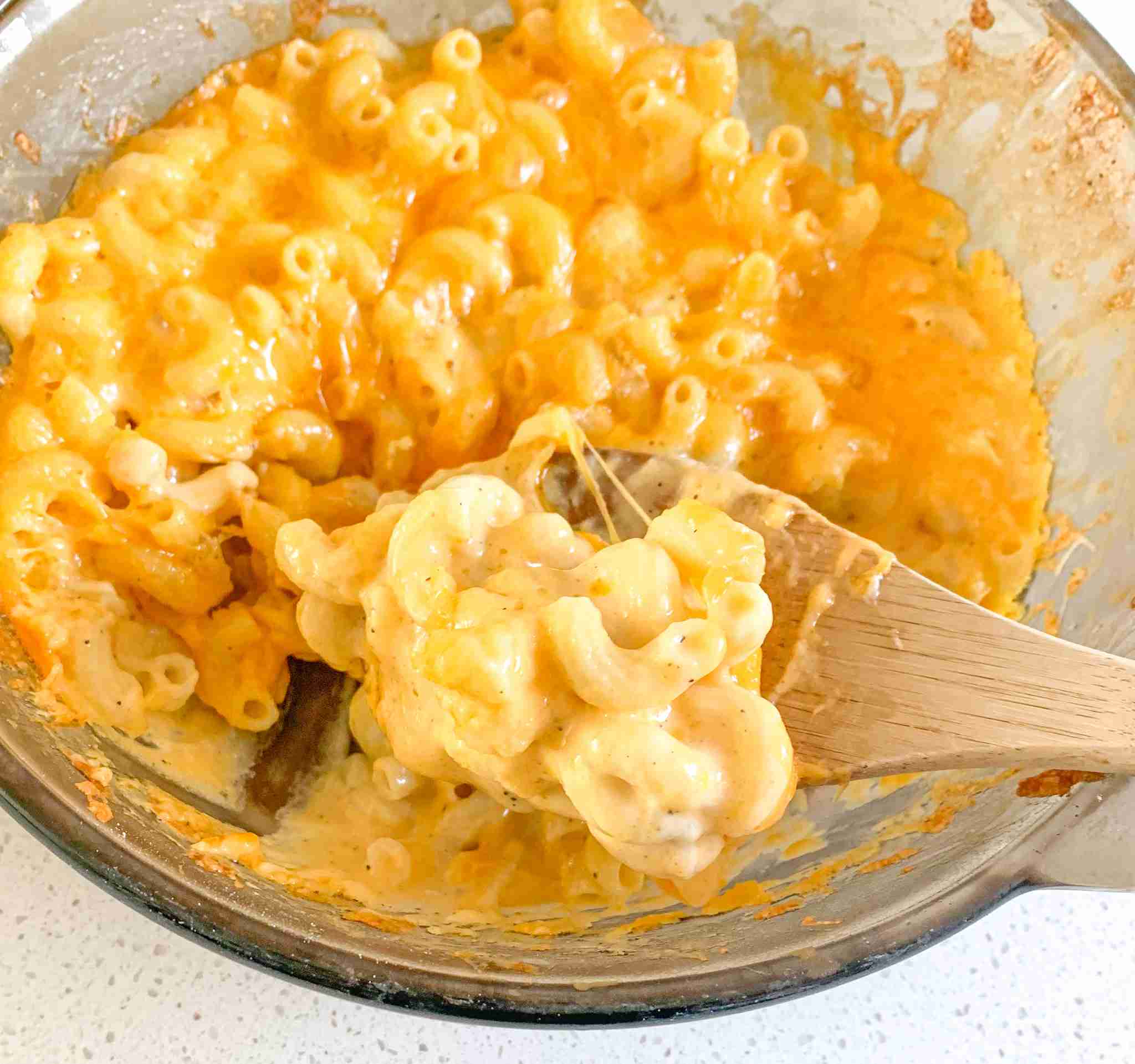 casserole dish of baked mac and cheese on the counter
