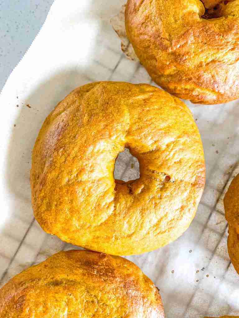 freshly baked sourdough pumpkin bagels