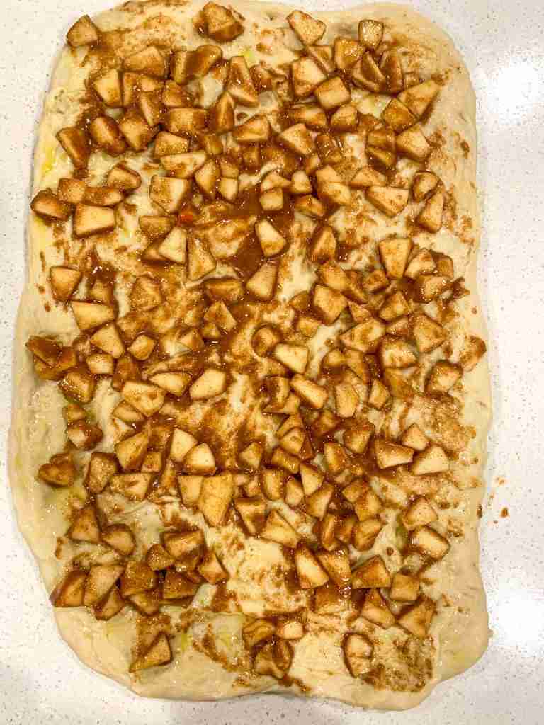 apple cinnamon mixture spread over a rectangle of dough