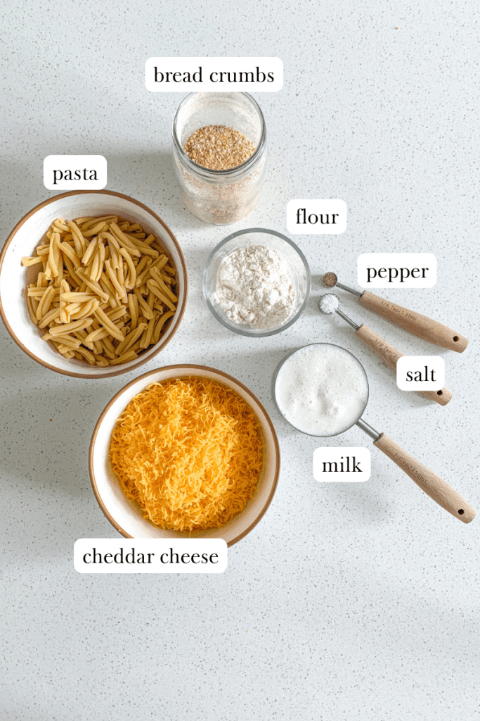 labeled ingredients for baked mac and cheese