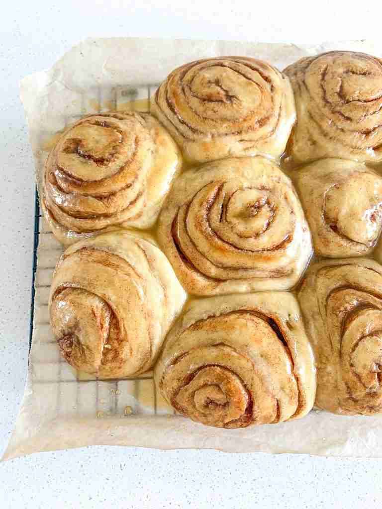 wire rack full of sourdough honey buns