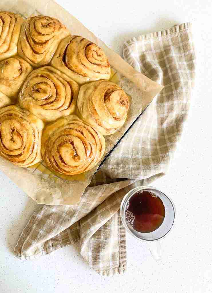 sourdough honey buns with a cup of coffee