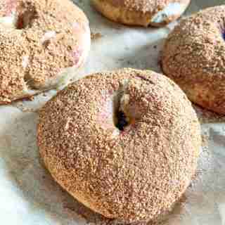 baking pan of sourdough cinnamon crunch bagels