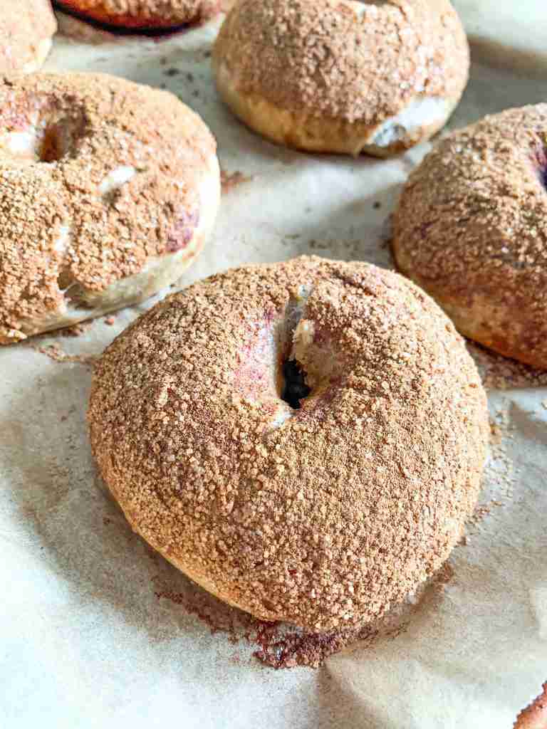 baking pan of sourdough cinnamon crunch bagels
