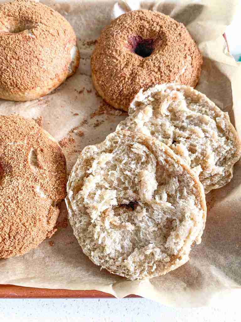 baking pan of sourdough cinnamon crunch bagels