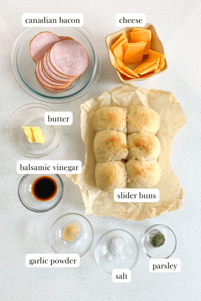 Ham and Cheese Oven Baked Sliders labeled ingredients