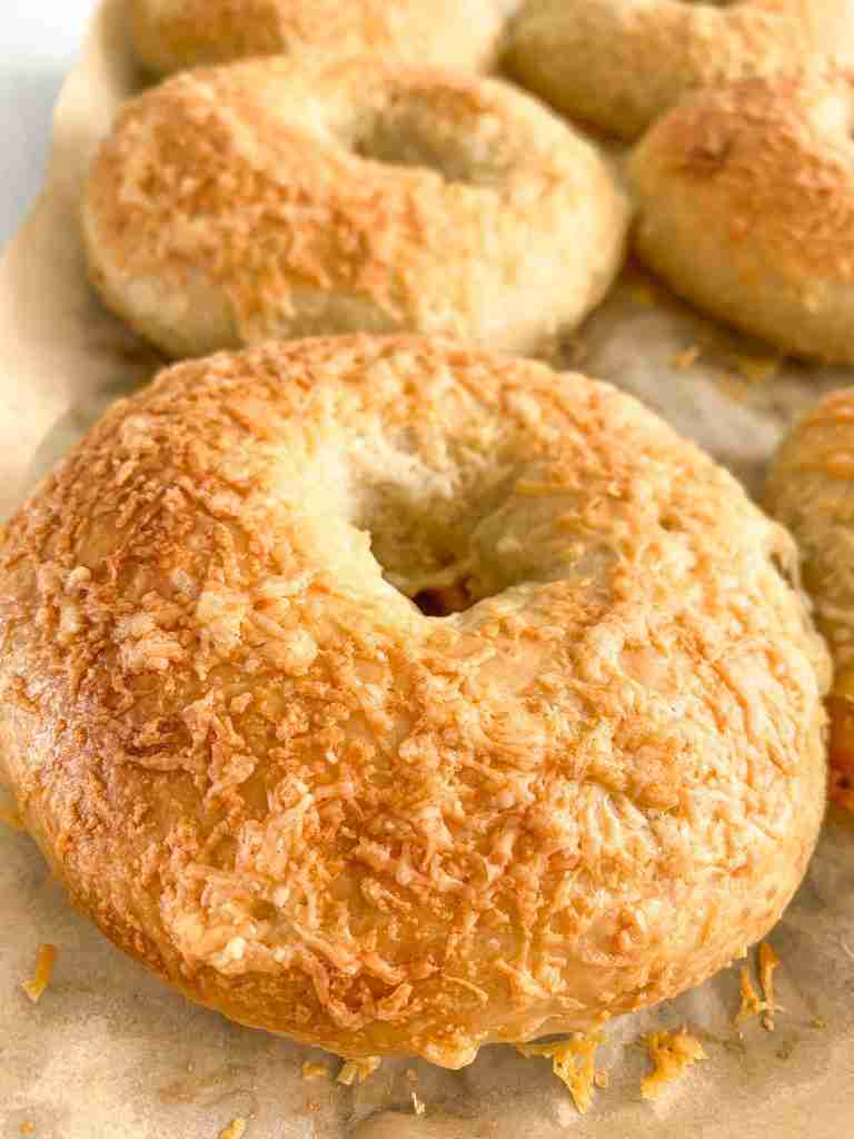 freshly baked sourdough asiago cheese bagels