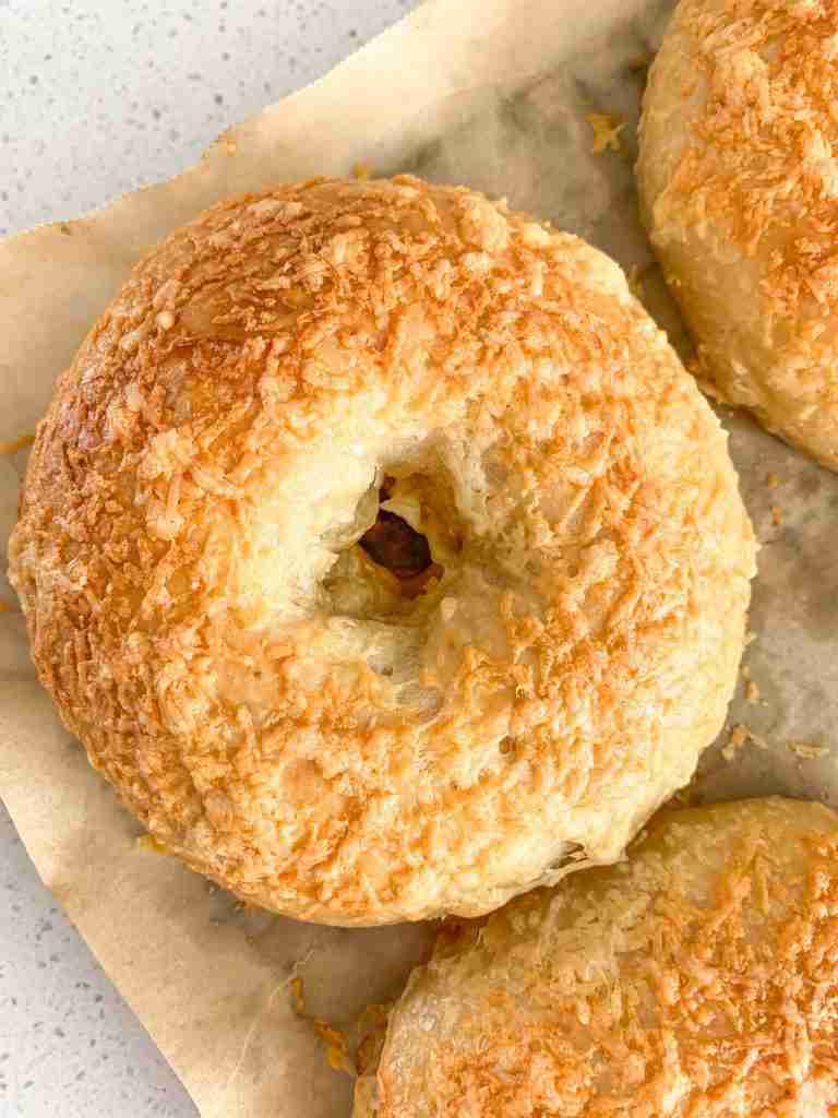 freshly baked sourdough asiago cheese bagels