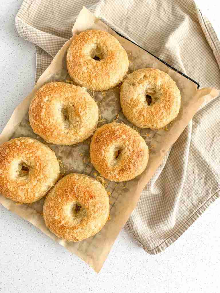 freshly baked sourdough asiago cheese bagels