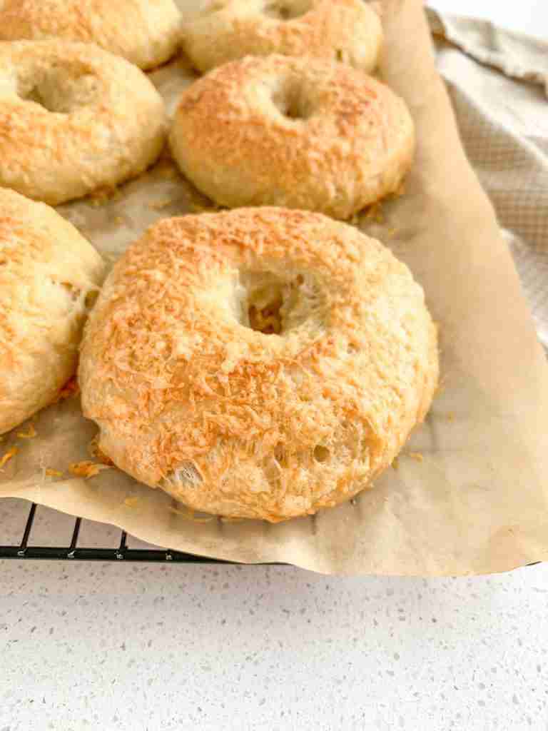freshly baked sourdough asiago cheese bagels