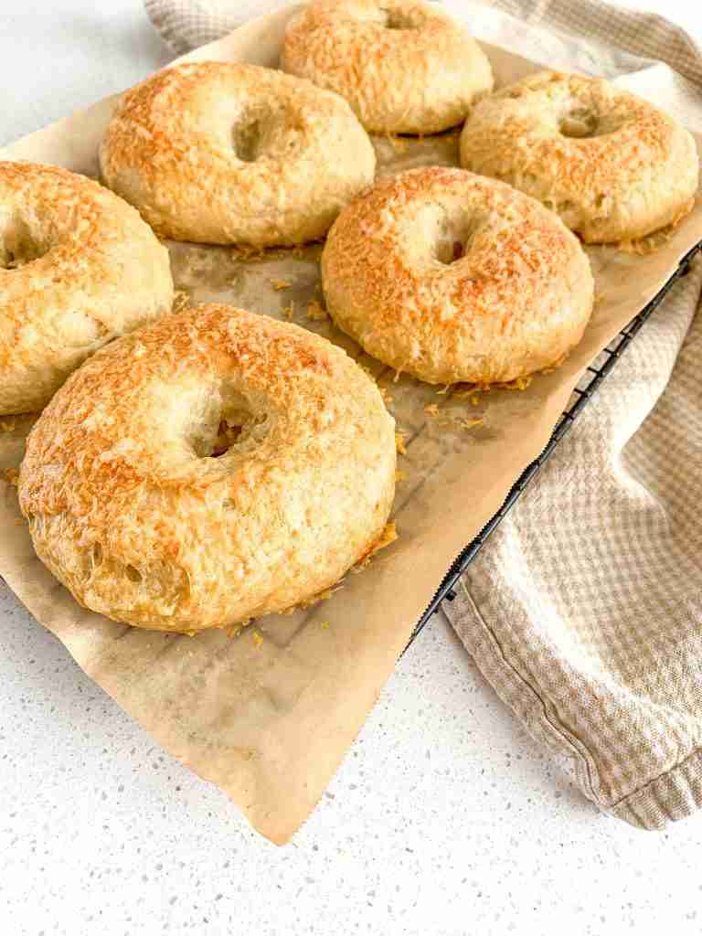 freshly baked sourdough asiago cheese bagels
