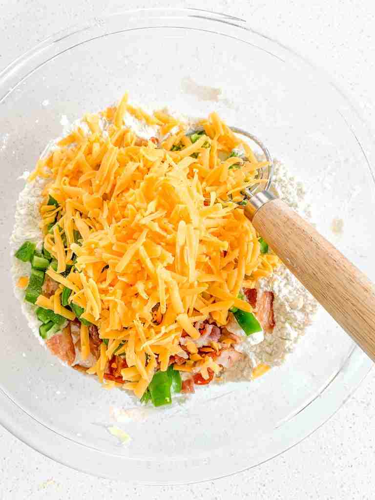 cheese, jalapenos, and bacon added to dry scone ingredients
