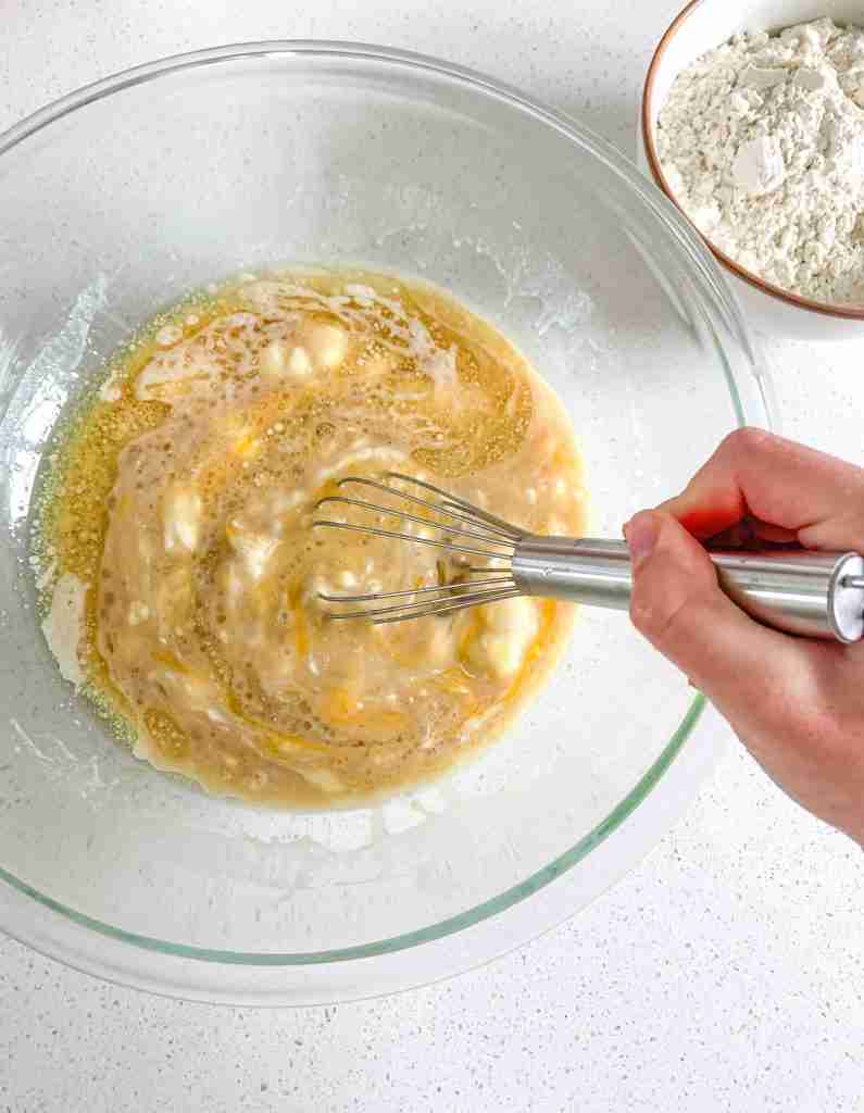 mixing the wet ingredients for sourdough coffee cake