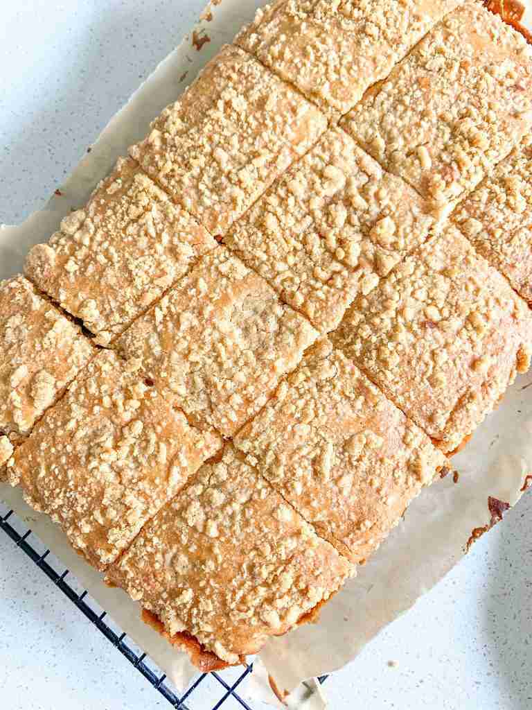 freshly baked sourdough coffee cake that's been cut into peices