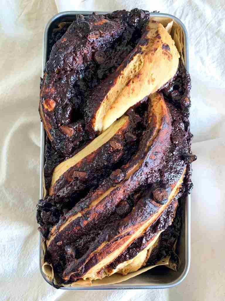 freshly baked sourdough chocolate babka