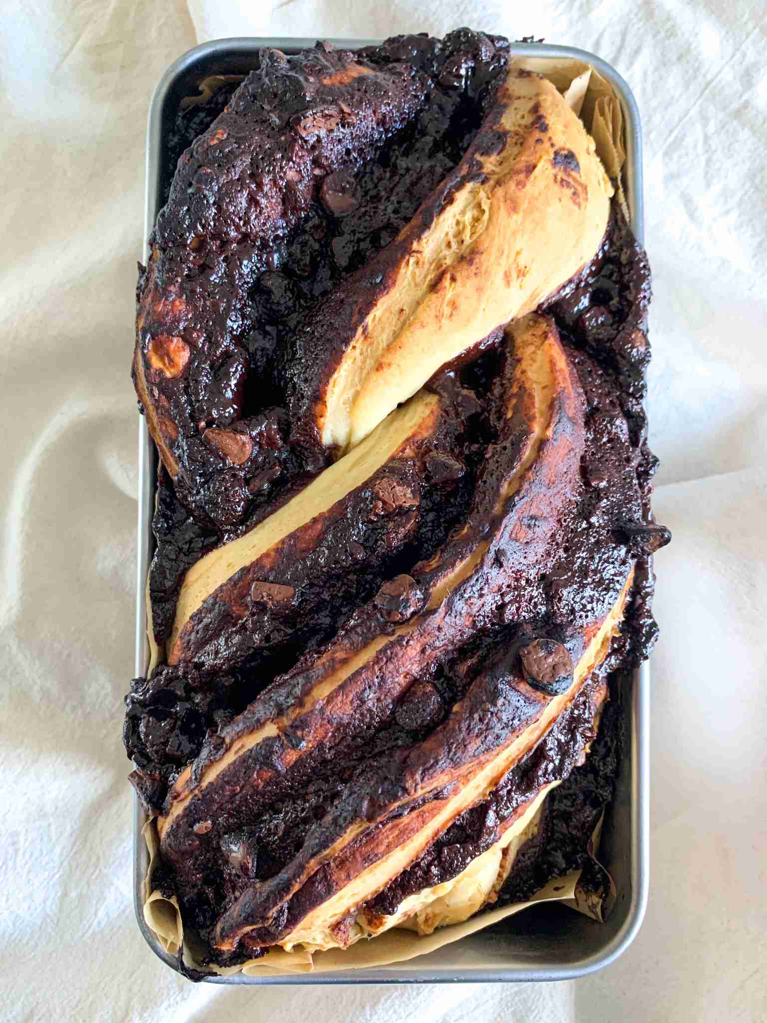 freshly baked sourdough chocolate babka