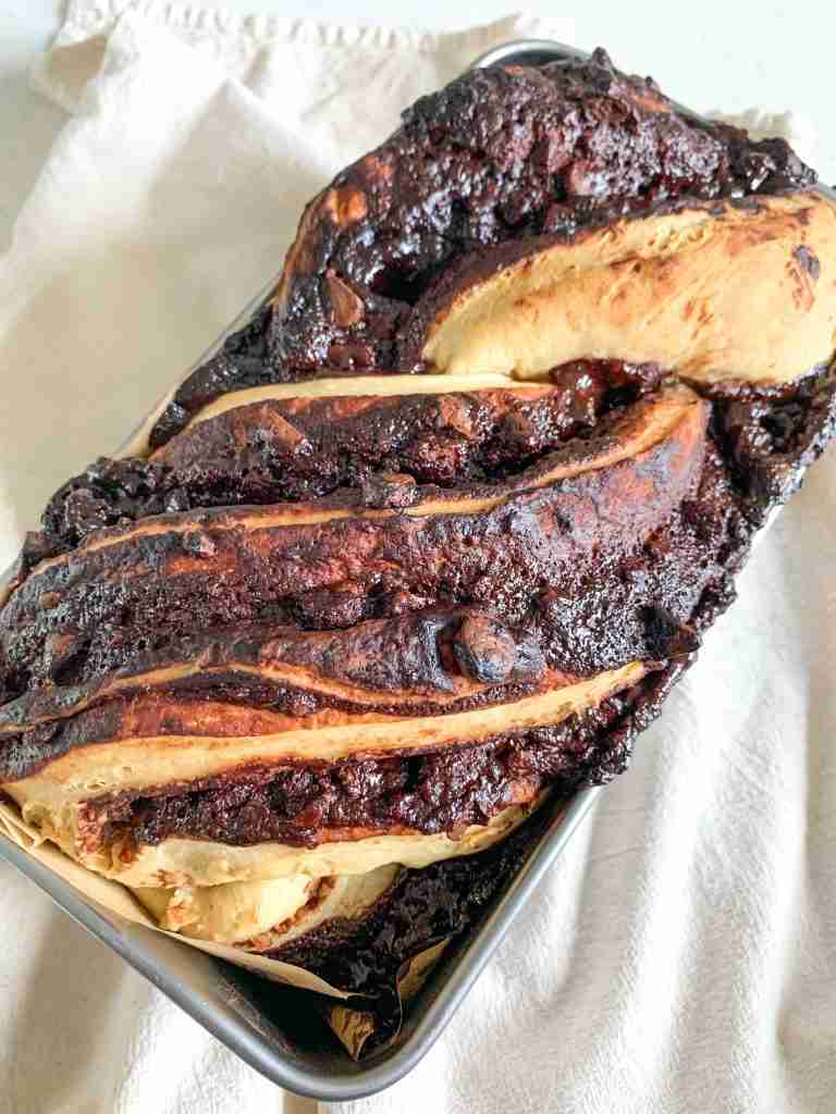 freshly baked sourdough chocolate babka