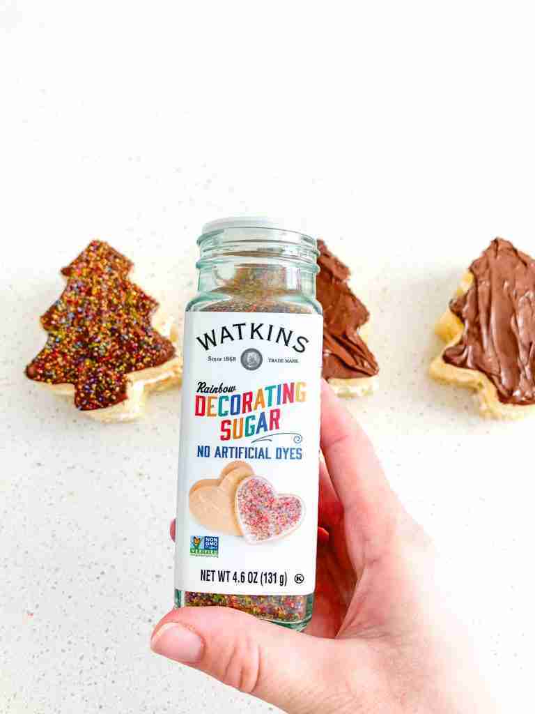 Watkins decorating sugar used for decorating these sourdough little debbie christmas tree cakes