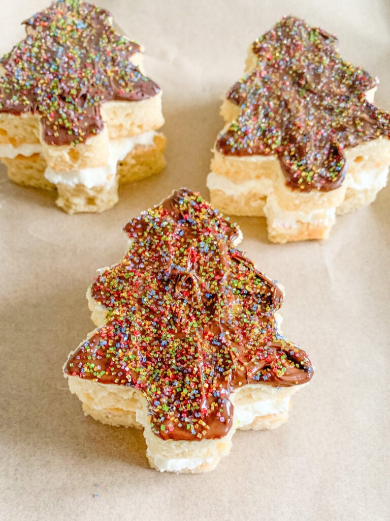 freshly baked, decorated, and assembled sourdough Christmas tree cakes inspired by Little Debbie