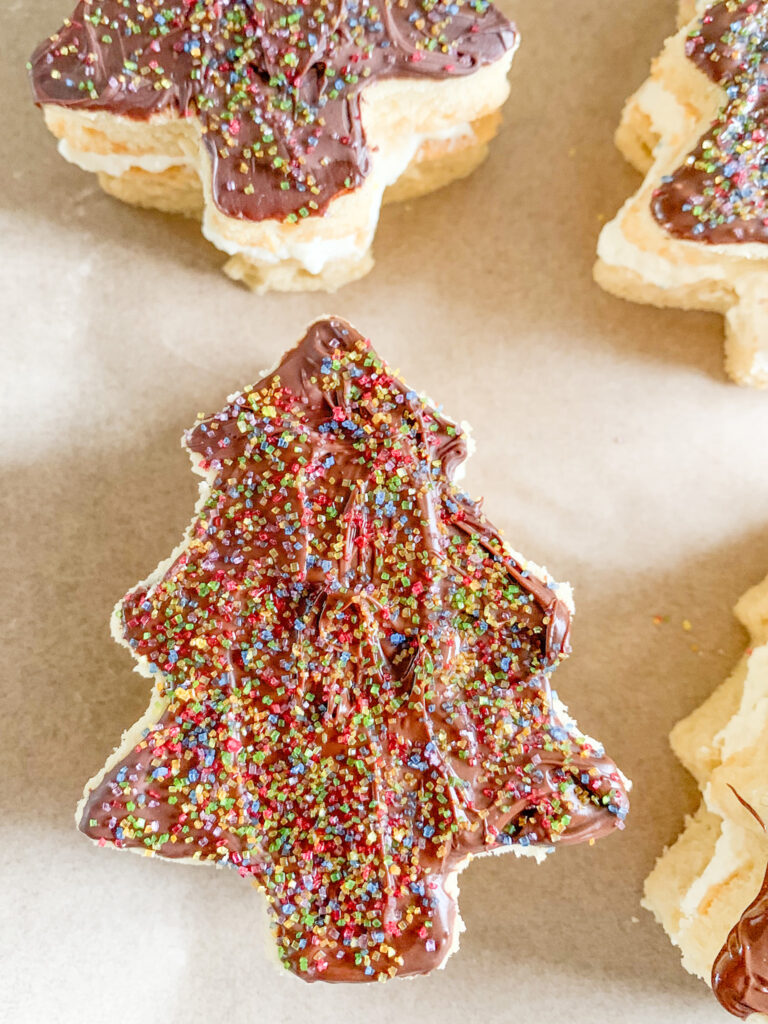 freshly baked, decorated, and assembled sourdough Christmas tree cakes inspired by Little Debbie