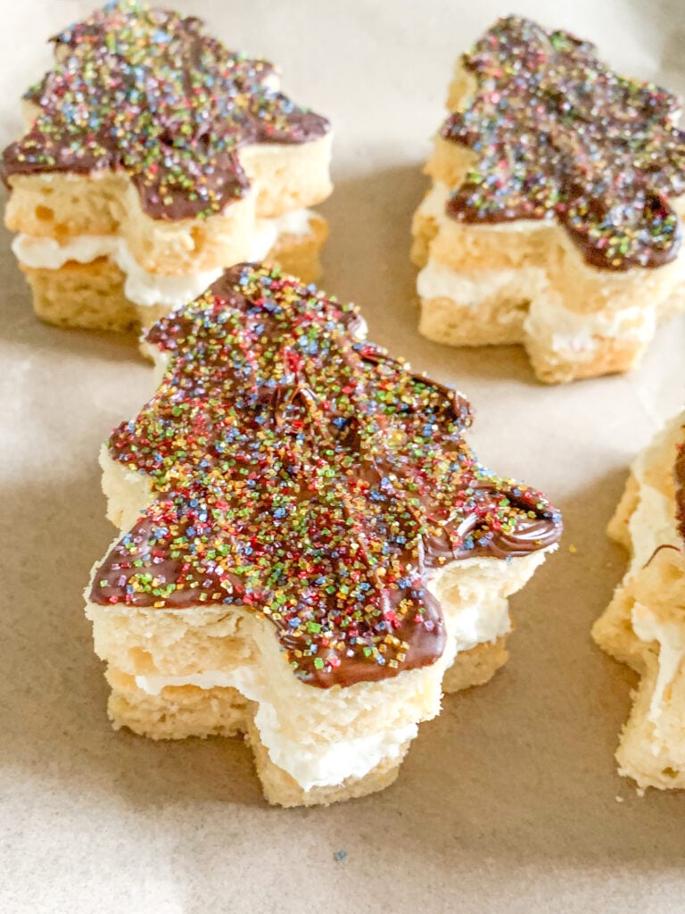 freshly baked, decorated, and assembled sourdough Christmas tree cakes inspired by Little Debbie