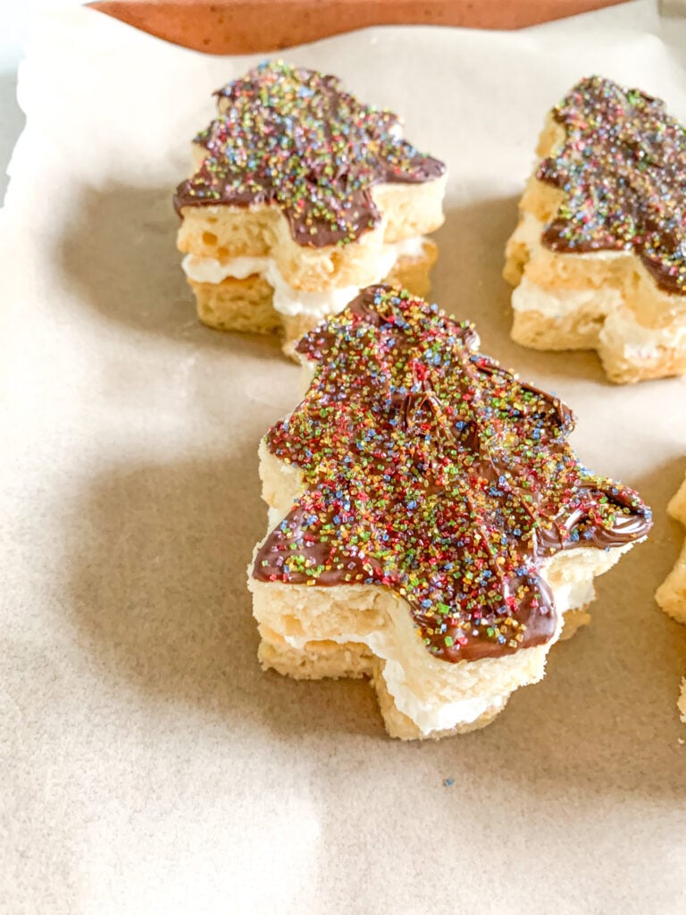 freshly baked, decorated, and assembled sourdough Christmas tree cakes inspired by Little Debbie