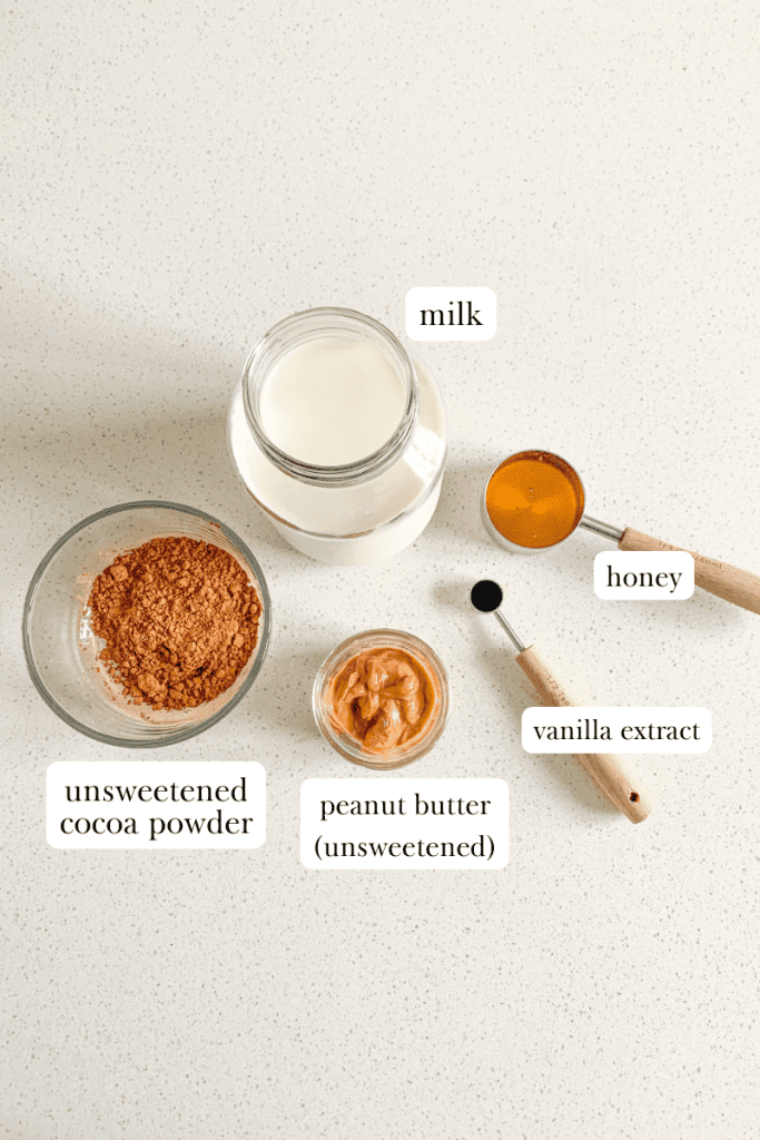 labeled ingredients for peanut butter hot chocolate