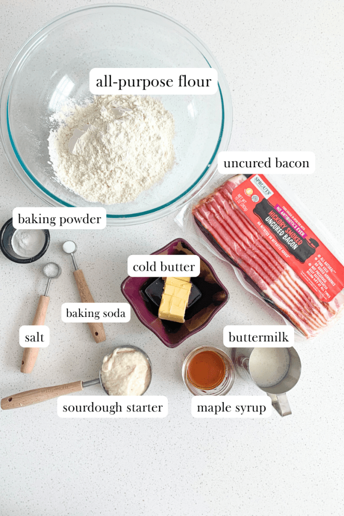 labeled ingredients for sourdough maple bacon biscuits