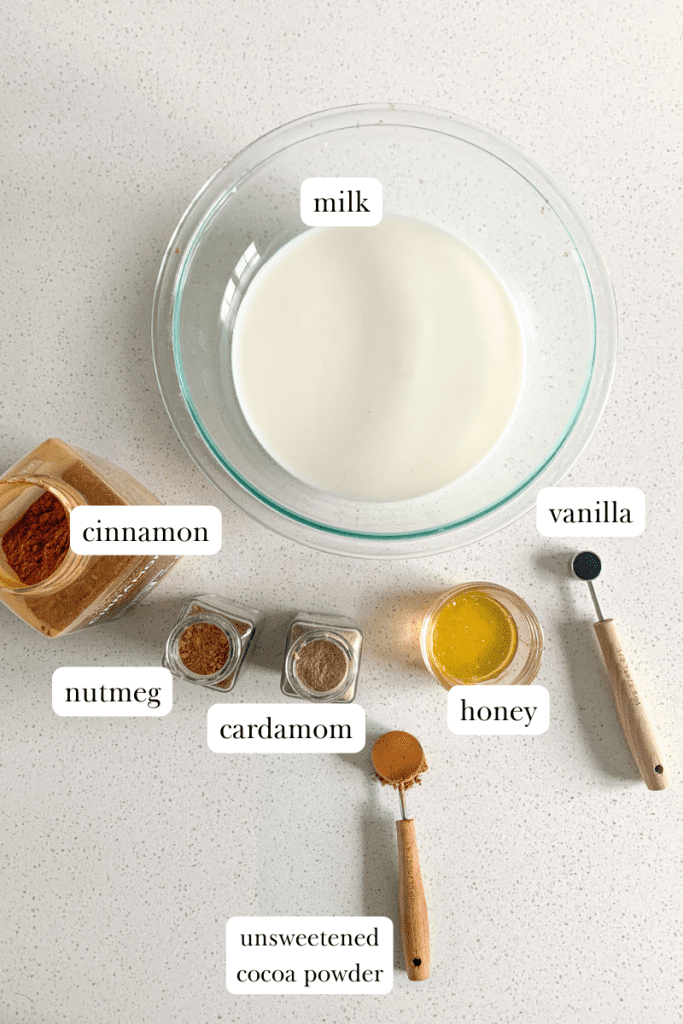 labeled ingredients for spiced hot chocolate