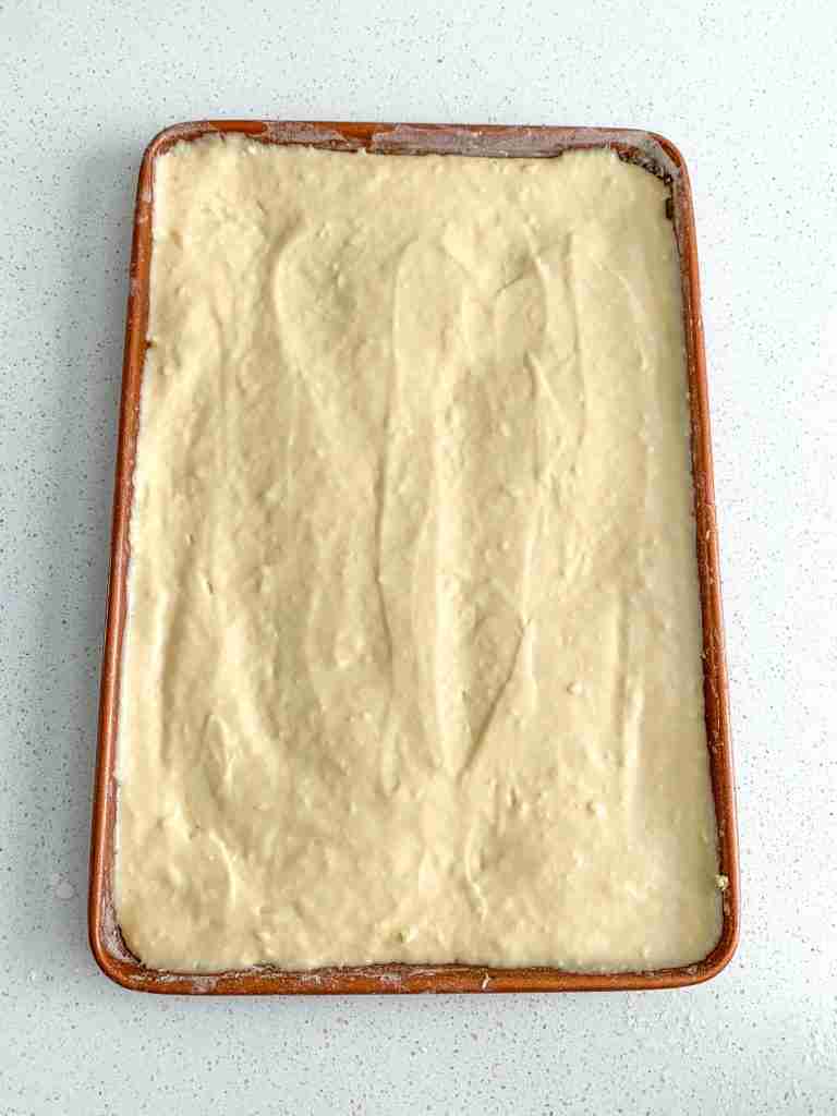 sourdough vanilla cake batter in a pan ready to bake
