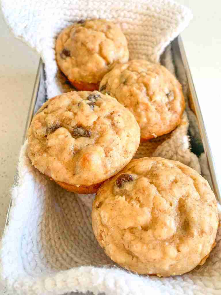 freshly baked sourdough peanut butter chocolate chip muffins