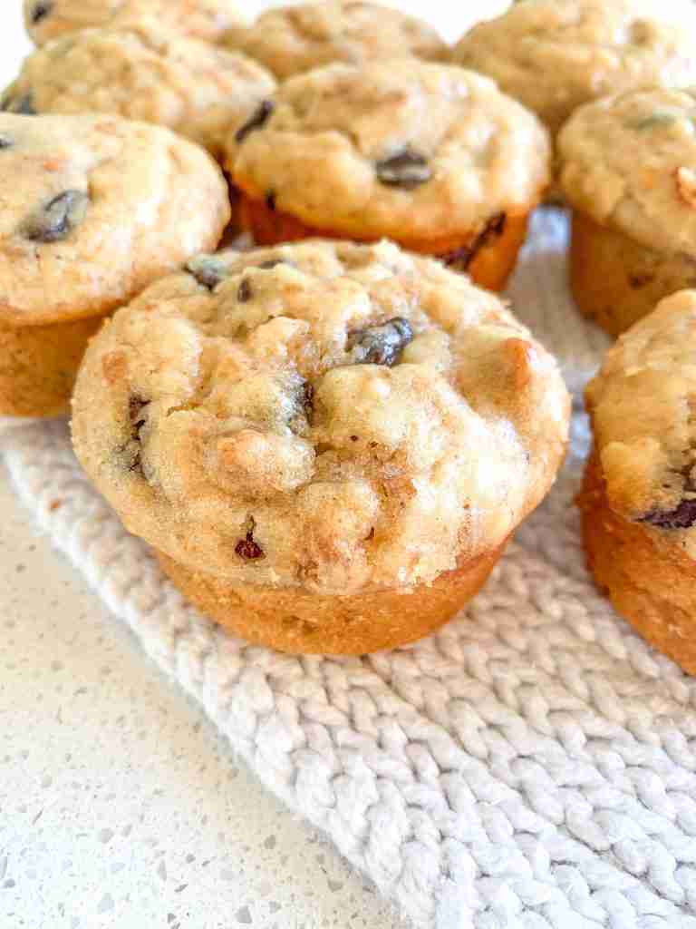 freshly baked sourdough peanut butter chocolate chip muffins