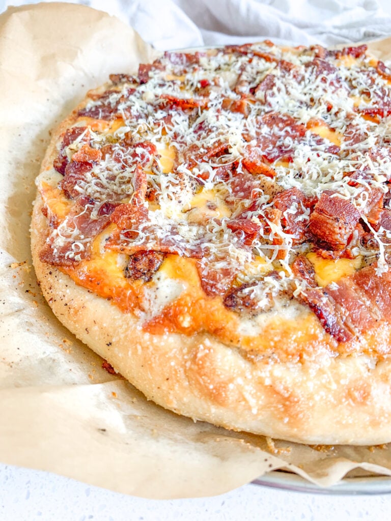 freshly baked sourdough Alabama white BBQ chicken bacon pizza