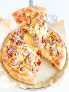 freshly baked sourdough Alabama white BBQ chicken bacon pizza