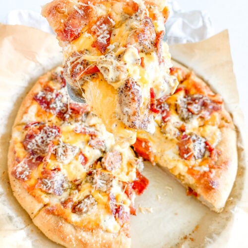 freshly baked sourdough Alabama white BBQ chicken bacon pizza