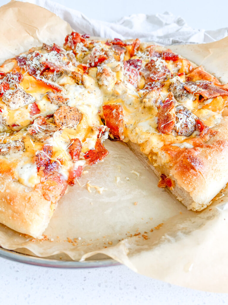 freshly baked sourdough Alabama white BBQ chicken bacon pizza