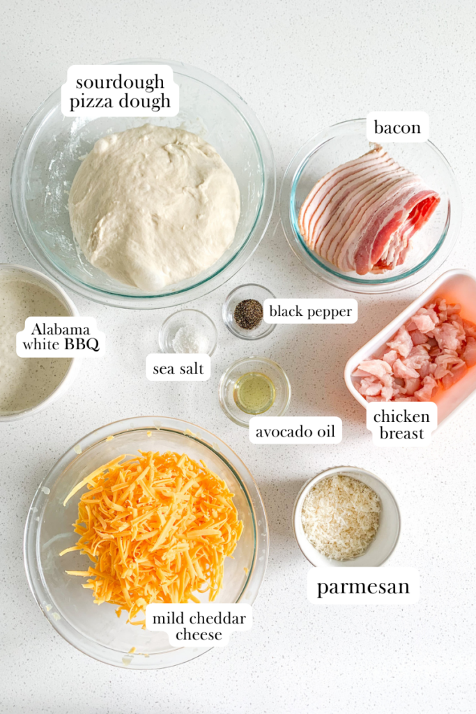 labeled ingredients for sourdough Alabama white BBQ chicken bacon pizza