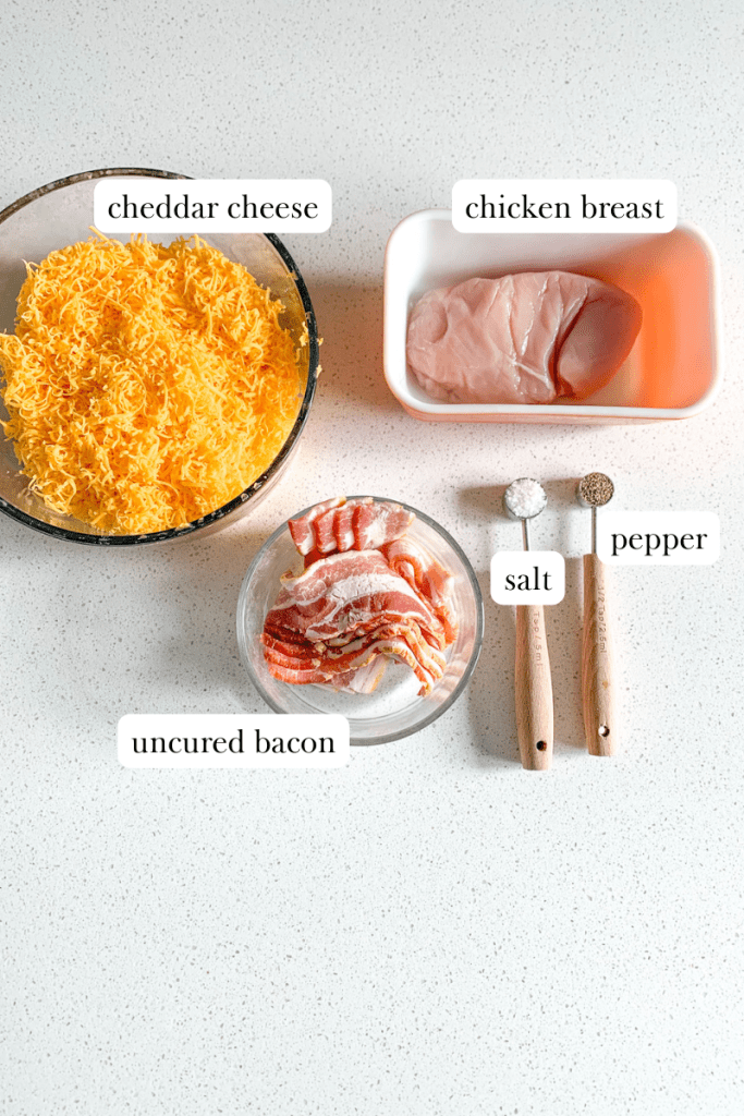 labeled ingredients for toppings for alabama white bbq chicken bacon pizza