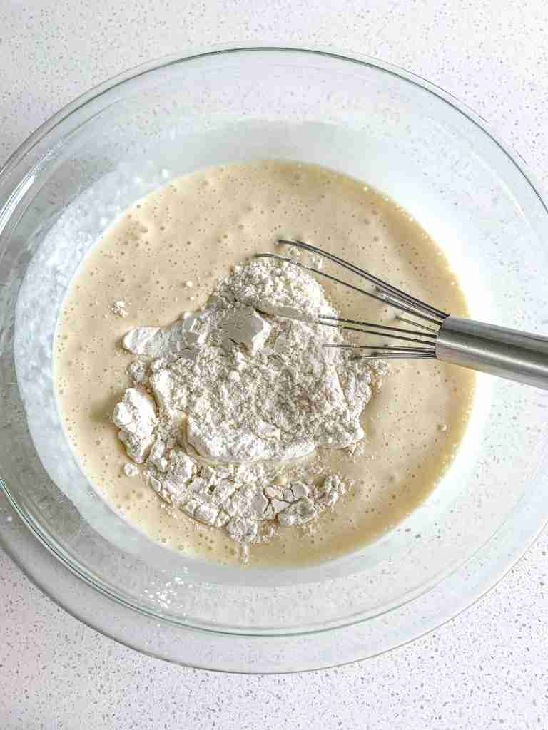 whisking dry ingredients together for sourdough buttermilk pancakes