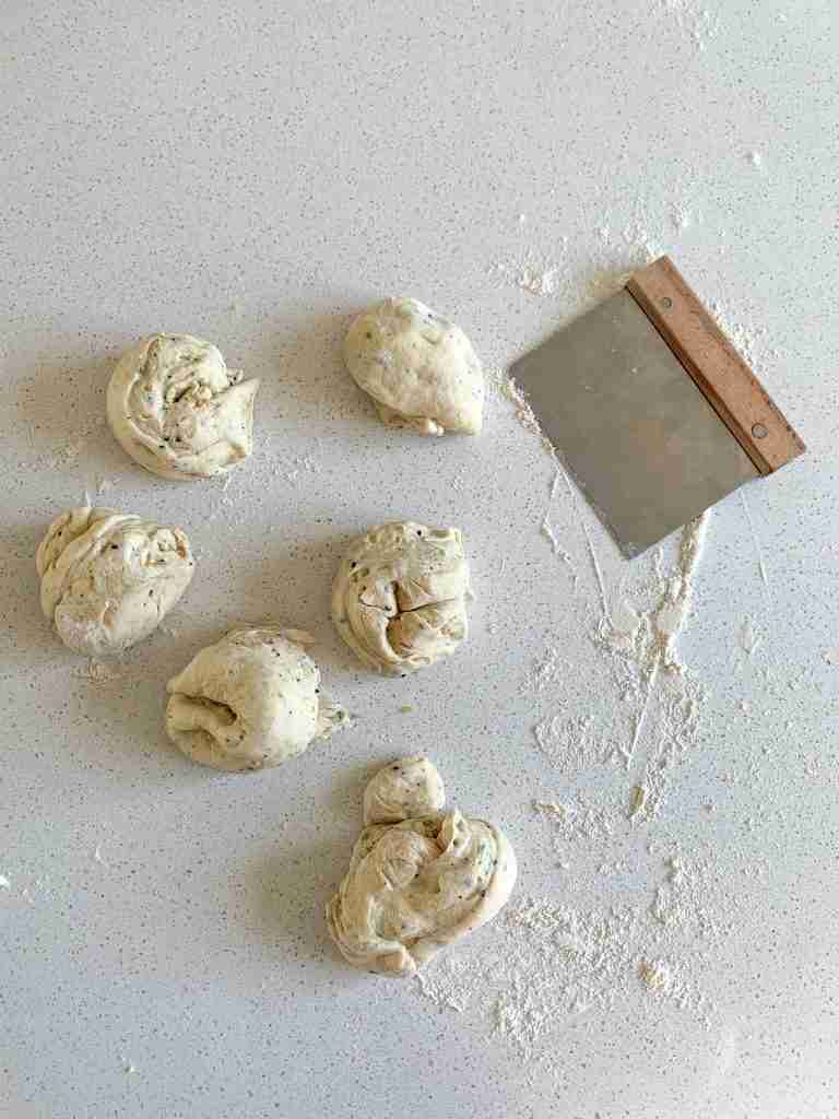 sourdough everything bagel dough divided into 6