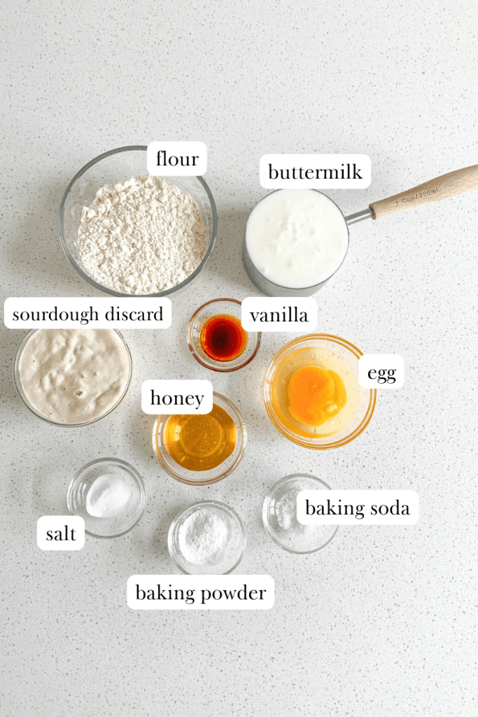 labeled ingredients for sourdough buttermilk pancakes