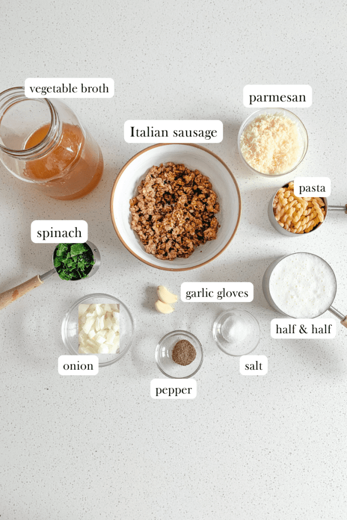 labeled ingredients for Creamy Parmesan Italian Sausage Soup ingredients