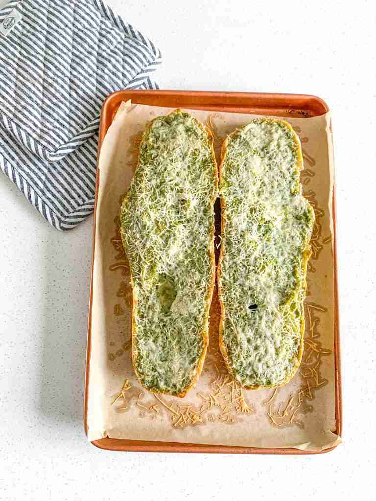freshly baked sourdough pesto garlic bread