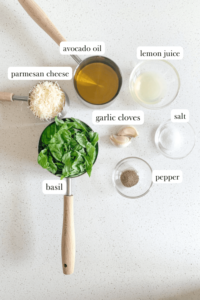 labeled ingredients for avocado oil pesto