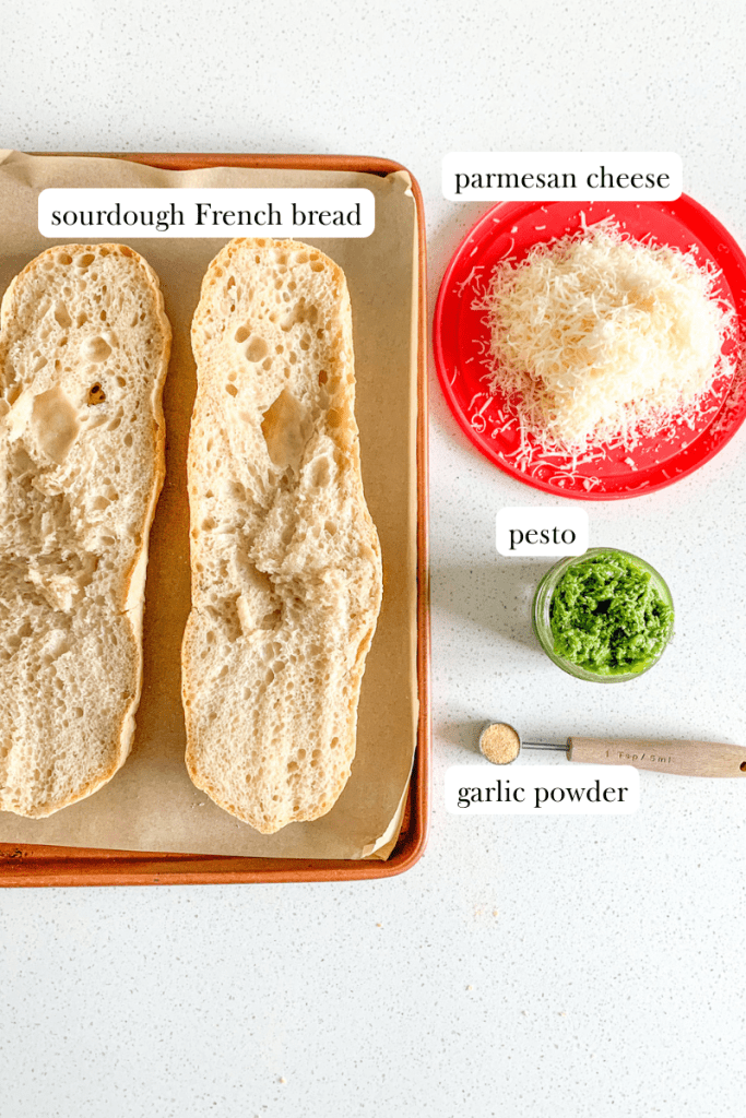 labeled ingredients for pesto garlic bread