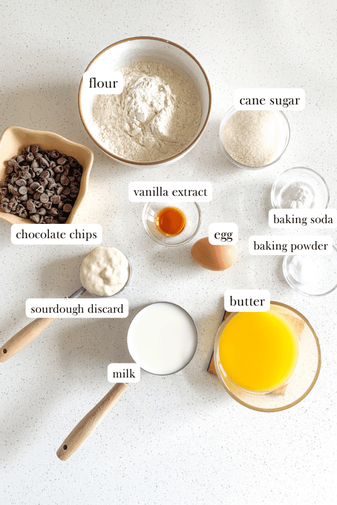 labeled ingredients for sourdough chocolate chip muffins