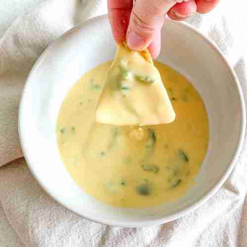 a tortilla chip dipped in cheese dip